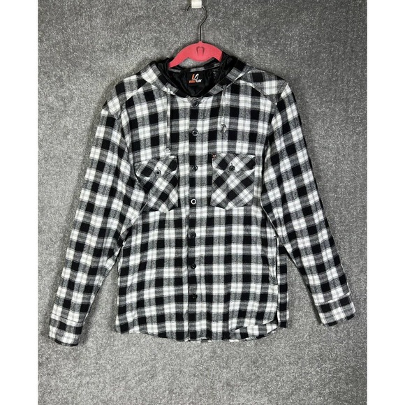 Amplify Lightweight Hooded‎ Button Up Flannel Shirt Mens Large Long Sleeve Black - Picture 1 of 15